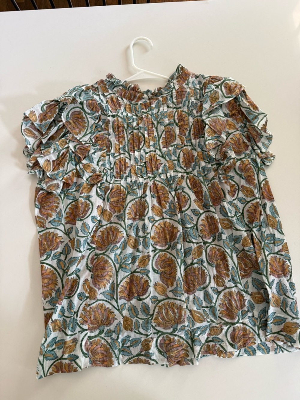 Oliphant Floral Smocked Ruffle Blouse - White/Green/Brown